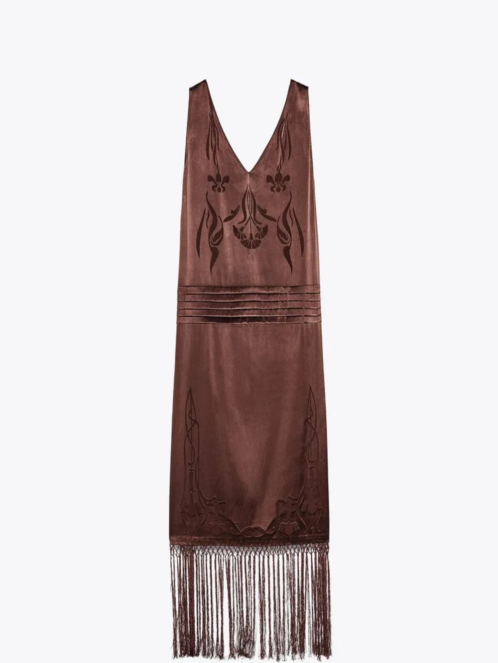 Zara ZW Collection Embroidered Satin Fringe Dress Brown Size L Flapper Midi